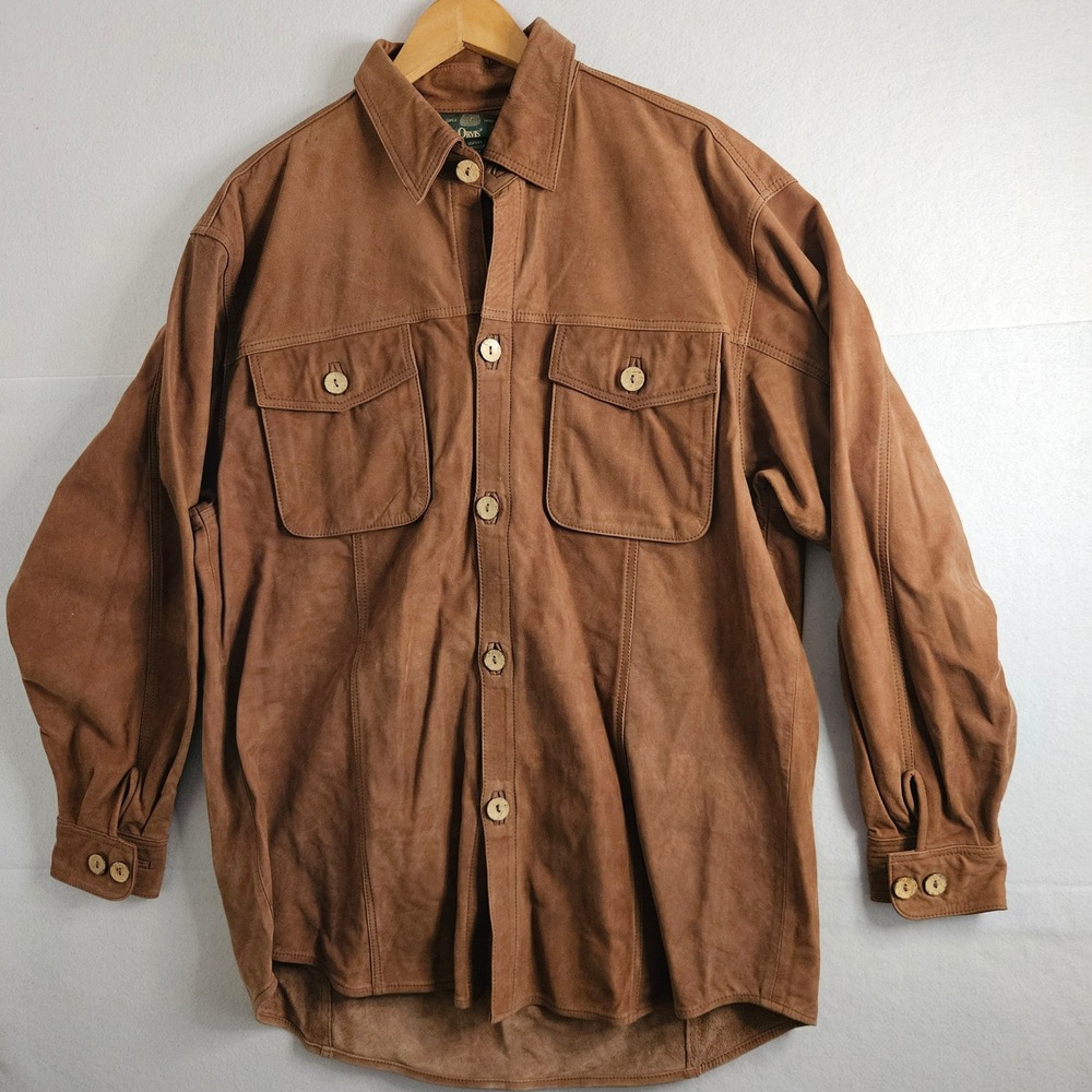 Orvis Mens Brown 100% Leather Suede Button Down Shirt Jacket Large Ecuador